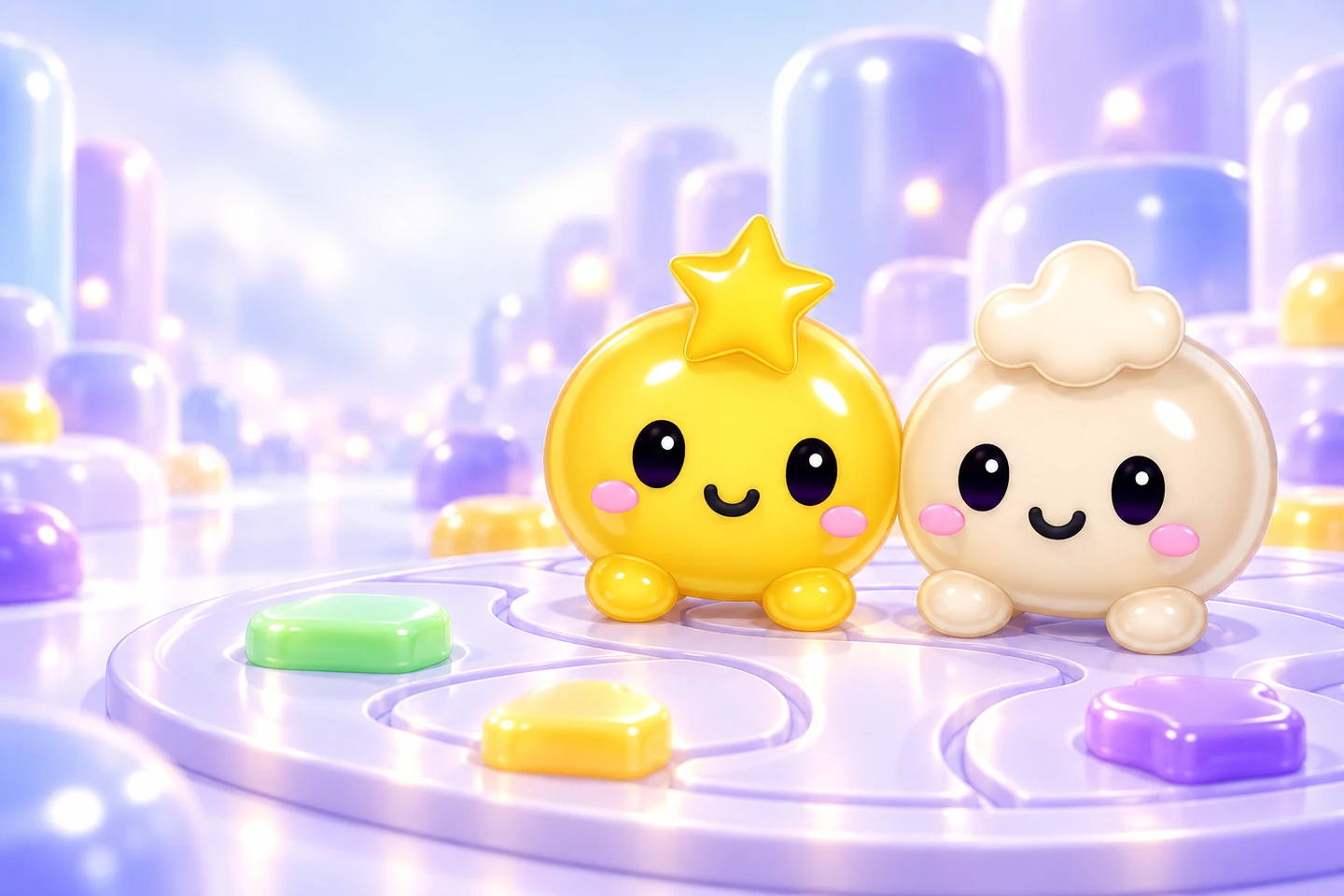 Yellow and Ivory Gelatin characters with their star and cloud symbols, smiling beside gel puzzle pieces