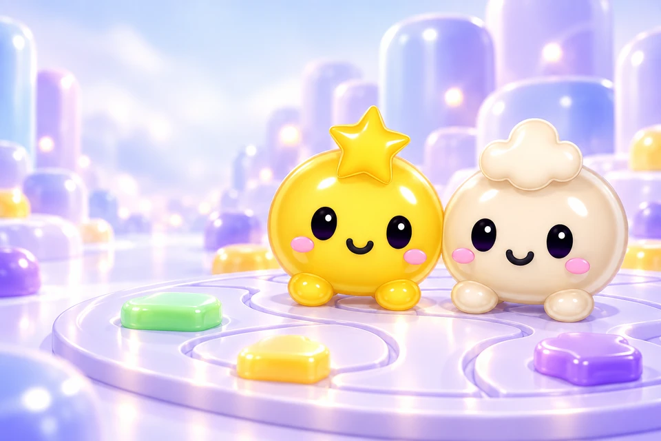 Cheerful Yellow and Ivory Gelatin characters in the studio playfield