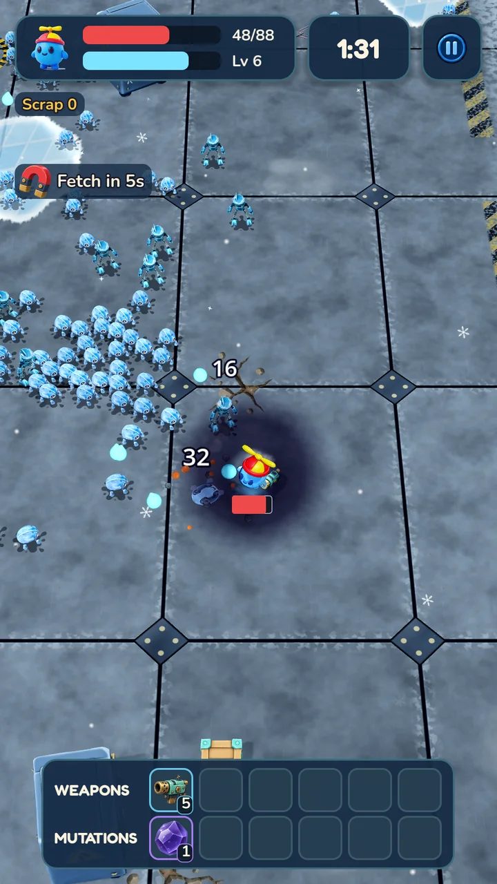 Gelatin Survivor gameplay: Razzle fights a horde in the icy Cooling Works