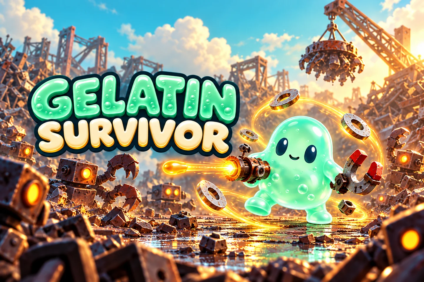 Gelatin Survivor promotional artwork: a mint-green jelly with wild gadgets faces scrap robots in a sunlit junkyard