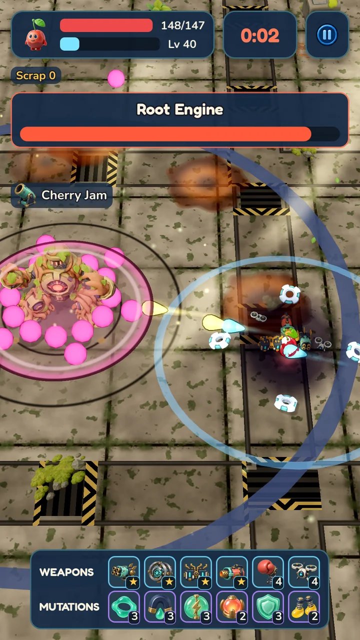 Gelatin Survivor gameplay: Morello faces the Root Engine boss in the Overgrown Factory