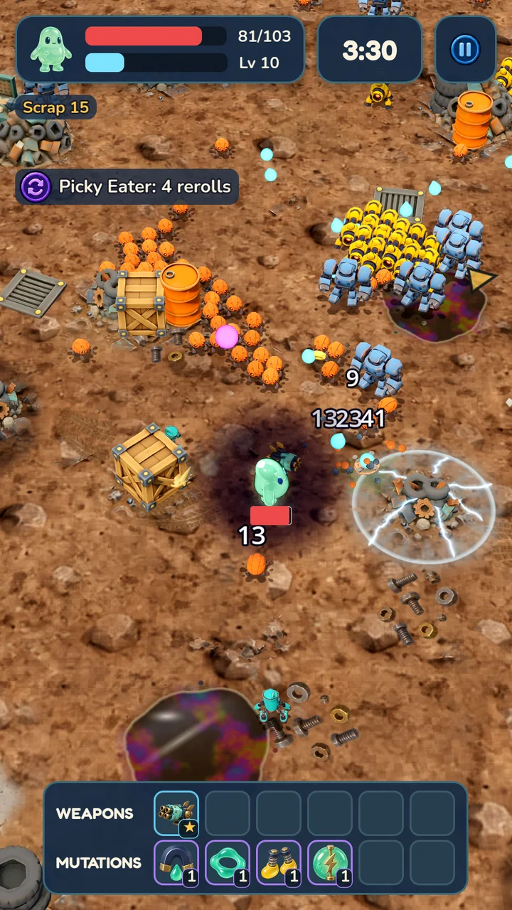 Gelatin Survivor gameplay: Original Jelly battles a horde of scrap robots in the Scrapyard